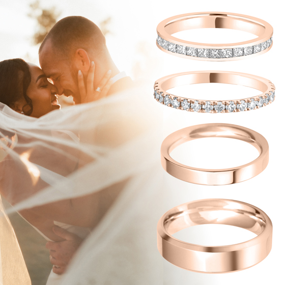 Bride and groom kissing with image of four rose gold wedding bands from Tom Coll Jewellery